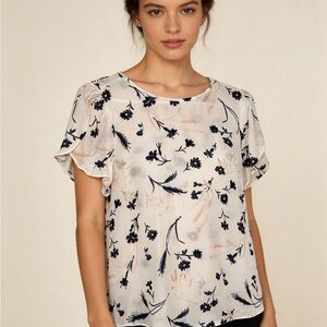 Joie Cream Floral Short-Sleeve Silk Blouse